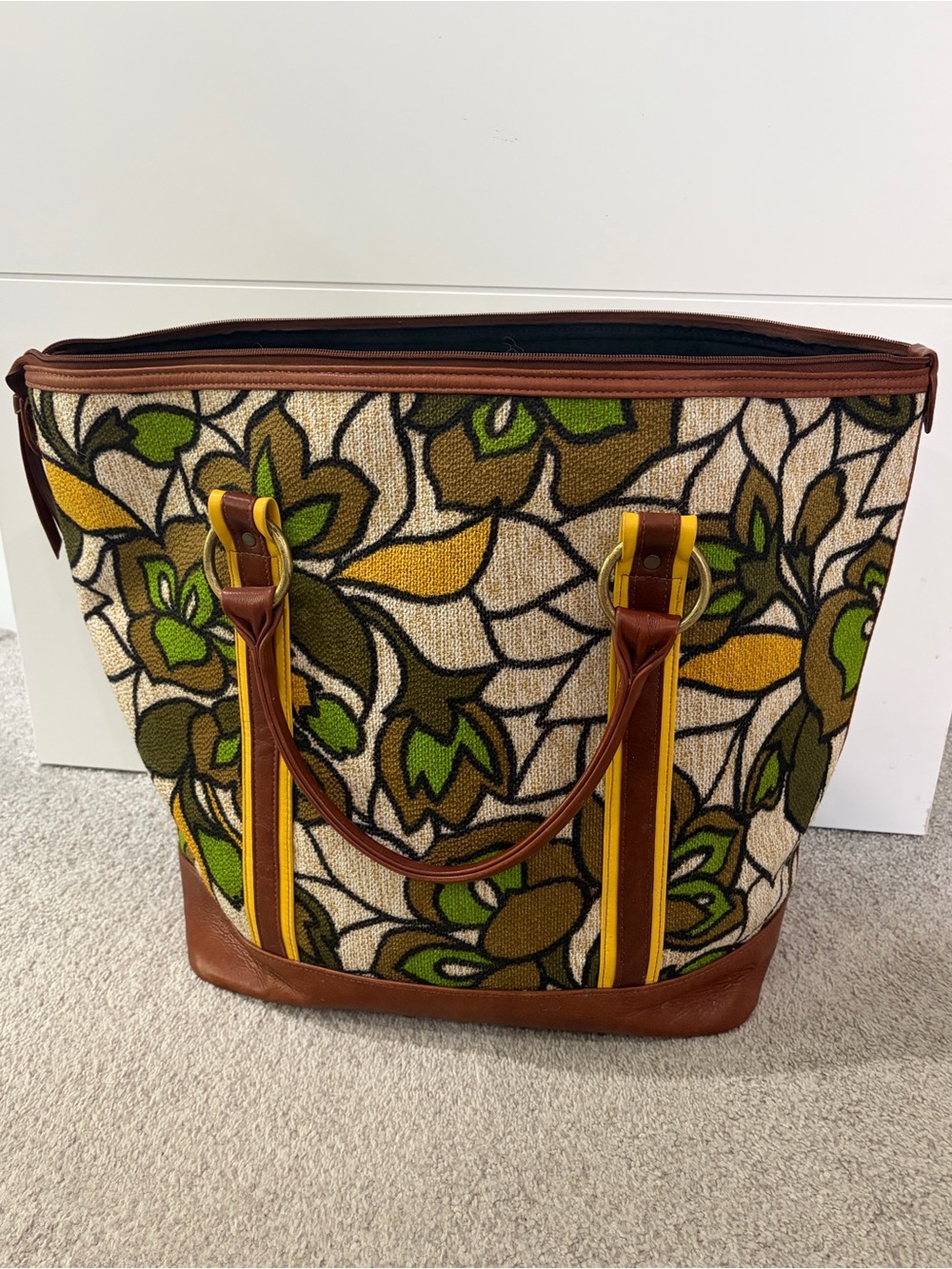 Kim White $450 Weekender Travel Bag - Vintage Yellow Green Floral w Leather Trim